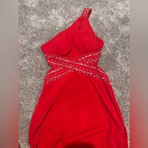 Red one shoulder prom dress